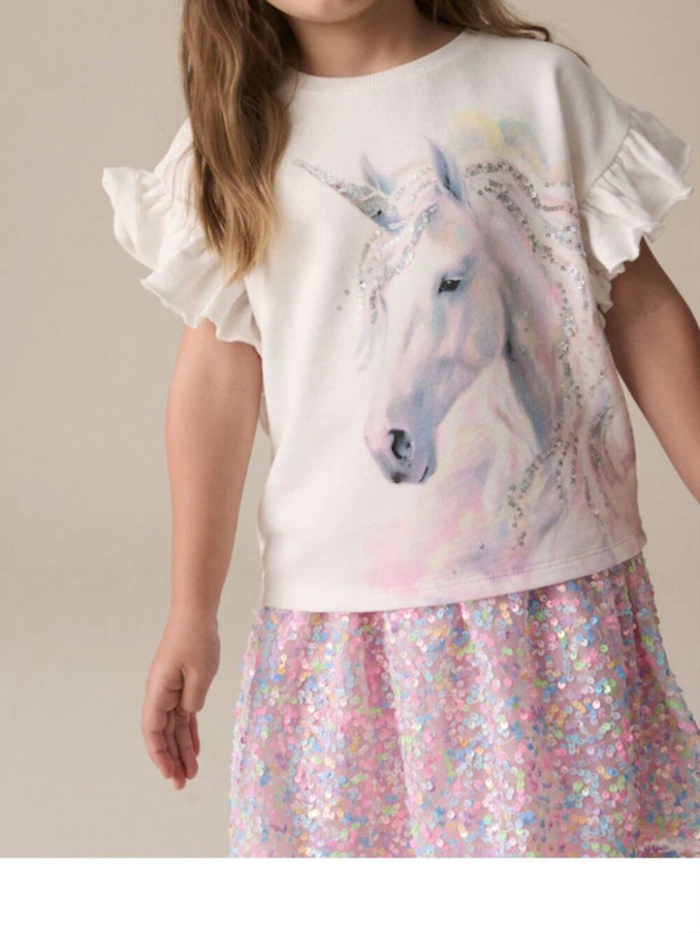 NEXT Girls Sequin Unicorn Frill Sleeve Top | Size 5